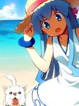  :o beach blue_eyes blue_hair bracelet cloud day dog dress hat highres ikamusume jewelry k.ei lens_flare long_hair looking_at_viewer ocean open_mouth outdoors shinryaku!_ikamusume sky solo straw_hat sun_hat tentacle_hair 