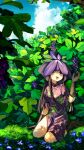  1girl absurdres black_gloves black_hair dress elbow_gloves food fruit gloves grapes highres kneeling kourou_(kouroukun) long_hair outdoors purple_dress purple_eyes smile solo touhou yomotsu_hisami 