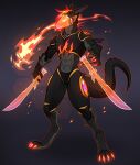 abs aldermoth anthro athletic athletic_anthro athletic_male biped black_body black_fur claws elemental_manipulation fire fire_manipulation fur hi_res holding_object holding_sword holding_weapon machine male melee_weapon protogen red_claws solo sword weapon