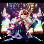  alice_margatroid arm_up blonde_hair blue_dress blue_eyes bow capelet dress hair_bow headband interior kaede_(mmkeyy) letterboxed light_particles long_hair looking_at_viewer puppet_strings sash shanghai_doll short_hair smile solo stained_glass touhou 