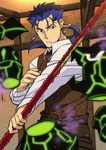  blue_hair earrings fate/extra fate/stay_night fate_(series) gae_bolg jewelry kon_manatsu lancer long_hair male_focus monster polearm ponytail red_eyes solo spear waistcoat weapon 