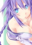  :o blue_eyes blush braid breasts cleavage collarbone ears long_hair medium_breasts minagi neptune_(series) open_mouth purple_hair purple_heart solo symbol-shaped_pupils 
