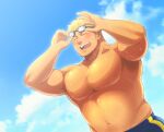  1boy adjusting_goggles bara blonde_hair blue_male_swimwear blush closed_eyes dark-skinned_male dark_skin goggles highres large_pectorals male_focus male_swimwear muscular muscular_male open_mouth original pectorals plump short_hair solo strongman_waist swim_trunks ta_koazuma topless_male twitter_username wet 