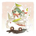  chibi food fruit green_eyes green_hair hair_ornament hatsune_miku hood hoshii_hisa japanese_clothes kimono leaf long_hair open_mouth riding snow_bunny snowflakes solo strawberry uchikake vocaloid yuki_miku 