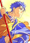  blue_hair cloak earrings fate/stay_night fate_(series) gae_bolg jewelry kon_manatsu lancer long_hair male_focus polearm ponytail red_eyes solo spear weapon 