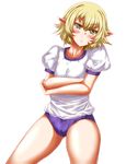  alternate_costume blonde_hair blush breasts buruma crossed_arms frown green_eyes gym_uniform highres mizuhashi_parsee pointy_ears short_hair small_breasts solo touhou zan_(harukahime) 