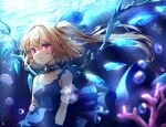  1girl air_bubble alternate_costume animal blonde_hair blue_dress blush breasts bubble closed_mouth crystal dress flandre_scarlet jellyfish long_hair one_side_up red_eyes shironeko_yuuki small_breasts solo tears touhou underwater upper_body wings 