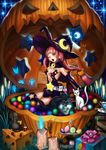  absurdres bare_shoulders bug butterfly candle candy cat elbow_gloves food gloves halloween hat highres insect jack-o'-lantern long_hair mouse one_eye_closed open_mouth original pink_hair pumpkin silvester solo stretch thighhighs witch witch_hat 