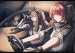  3girls absurdres animal_ear_fluff animal_ears arknights arm_rest arm_up black_capelet black_gloves black_hair black_jacket black_pantyhose black_sky black_straps blue_hair breasts brown_horns building capelet car_interior car_seat ch&#039;en_(arknights) city city_lights cityscape clear_sky clenched_teeth closed_mouth collared_capelet collared_jacket collared_shirt colored_inner_hair commentary_request cowboy_shot double-parted_bangs dragon_girl dragon_horns dress_shirt expressionless exusiai_(arknights) facing_viewer fingerless_gloves fingernails food food_in_mouth from_side frown gloves grin hair_between_eyes hair_flowing_over hair_over_eyes hair_over_one_eye halo hand_on_lap hand_rest hand_to_head high_collar highres holding horns jacket leaning leaning_against_vehicle leaning_forward light_blush long_hair long_sleeves looking_afar looking_ahead looking_at_another medium_breasts mouth_hold multicolored_clothes multicolored_hair multicolored_jacket multiple_girls necktie nervous nervous_smile night o-ring_strap one_eye_covered open_clothes open_jacket orange_eyes outdoors outstretched_arms outstretched_hand pantyhose parted_lips pocky pocky_in_mouth puffy_long_sleeves puffy_sleeves r_oot rear-view_mirror red_eyes red_hair seatbelt shadow shirt short_hair side-view_mirror sidelocks single_vertical_stripe sitting sky sleeve_cuffs smile standing steering_wheel strap streaked_hair striped striped_jacket sweatdrop swept_bangs teeth texas_(arknights) two-tone_hair two-tone_jacket upper_body v-shaped_eyebrows vertical-striped_jacket vertical-striped_sleeves vertical_stripes white_jacket white_shirt windshield wing_collar wolf_ears wolf_girl yellow_halo yellow_necktie 