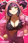  1girl artist_name black_hair breasts bug chocojax cleavage closed_mouth collarbone cowboy_shot diagonal_bangs green_eyes han_juri hands_on_own_hips heterochromia highres hood hood_up large_breasts leaning_forward looking_at_viewer multicolored_hair navel onesie pink_background pink_eyes pink_hair sidelocks slit_pupils smile spider sports_bra streaked_hair street_fighter street_fighter_6 twintails unzipped 