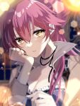  1girl breasts cleavage_cutout clothing_cutout double-parted_bangs eiyuu_densetsu hair_between_eyes indoors jacket jewelry large_breasts looking_at_viewer natsusechoco necklace pink_hair ponytail portrait sara_valestein sen_no_kiseki solo sparkle upper_body yellow_eyes 