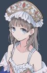  1girl absurdres atelier_(series) atelier_totori bare_shoulders blue_sleeves brown_eyes brown_hair closed_mouth collarbone detached_sleeves dress hair_ornament hat highres long_hair looking_at_viewer maromi_(am97) simple_background solo totooria_helmold 