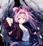  1girl absurdres alternate_costume animal_ears banpunsik black_gloves black_jacket blurry blurry_background bow breasts cave clenched_hands commentary_request denim ear_bow ear_covers fingerless_gloves gloves hairband haru_urara_(umamusume) highres horse_ears horse_girl horse_tail jacket jeans leather leather_jacket long_hair long_sleeves looking_at_viewer open_mouth pants pink_eyes pink_hair pink_hairband ponytail shirt small_breasts smile solo tail teeth umamusume upper_teeth_only white_bow white_shirt 