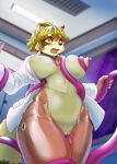 absurd_res anthro areola biped blonde_hair blush breasts clothed clothing female fingers genitals hair hi_res mammal nipples open_mouth pupils pussy tentacles thick_thighs treyer vaginal