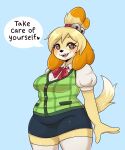 &lt;3 &lt;3_eyes 2023 5:6 animal_crossing anthro artkett1412 black_nose blonde_hair bottomwear brown_eyes canid canine canis clothed clothing dialogue dipstick_tail domestic_dog english_text eyebrows eyelashes female fingers hair hi_res isabelle_(animal_crossing) legwear looking_at_viewer mammal markings nintendo open_mouth open_smile shih_tzu shirt simple_background skirt smile solo speech_bubble tail tail_markings talking_to_viewer teeth text topwear toy_dog