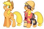 2023 applejack_(mlp) armor blonde_hair clothing construction_worker cosplay crossover crossover_cosplay cutie_mark engineer engineer_(team_fortress_2) eyewear female feral freckles friendship_is_magic goggles green_eyes hair hard_hat hasbro hat headgear headwear helmet hi_res my_little_pony shirt simple_background smile solo team_fortress_2 topwear valve yen0028