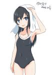  1girl asashio_(kancolle) black_hair black_one-piece_swimsuit blue_eyes blush collarbone competition_school_swimsuit covered_navel cowboy_shot highres kantai_collection long_hair looking_at_viewer noshin one-piece_swimsuit open_mouth school_swimsuit smile solo swimsuit towel towel_on_head twitter_username 