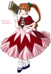  biscuit_krueger blue_eyes blush bobby_socks book brown_hair capelet character_name dress drill_hair gloves hair_ribbon hand_on_hip hunter_x_hunter long_hair looking_at_viewer mary_janes ponytail red_dress ribbon shoes socks solo standing tusk0315 white_legwear 