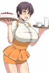  1girl anna_miller apron blush breasts brown_hair cake closed_eyes cowboy_shot cup food fruit hands_up holding holding_tray idolmaster idolmaster_cinderella_girls idolmaster_cinderella_girls_starlight_stage james_(jms-pnt) large_breasts oikawa_shizuku open_mouth orange_apron orange_skirt pencil_skirt shirt short_hair short_sleeves simple_background skirt smile solo standing strawberry suspender_skirt suspenders teacup tray waitress white_background white_shirt 