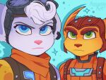 absurd_res assassyart blue_eyes duo ear_piercing eyewear eyewear_on_head female goggles goggles_on_head green_eyes hi_res lombax looking_at_viewer love male male/female mammal piercing ratchet ratchet_and_clank ready_to_fight rivet_(ratchet_and_clank) robotic_arm romantic romantic_couple scarf sony_corporation sony_interactive_entertainment