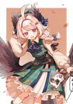  1girl absurdres ahoge aloupeep_(enna_alouette) ascot beret blonde_hair blue_ascot blue_hair braid brown_wings dress enna_alouette enna_alouette_(3rd_costume) green_dress green_headwear guan63947624 hat head_wings highres long_sleeves low_wings mechanical_wings multicolored_hair nijisanji nijisanji_en official_alternate_costume open_mouth plaid plaid_dress purple_eyes smile solo streaked_hair swept_bangs twin_braids white_dress wings 