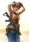  aimpoint ar-15 assault_rifle between_breasts breasts cowboy_shot didloaded ear_protection gloves gun handgun highres holster military_operator open_mouth original red_eyes rifle short_hair signature solo strap_cleavage sweat weapon 