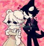  1boy 1girl animal_ears bear_ears bear_girl bear_paws black_gloves black_hair black_sclera black_suit bow braid cetacean_tail closed_eyes coat colored_sclera colored_skin commission fins fish_tail funamusea funamusea_(artist) fur_coat fur_hat gloves hat hat_bow heart heart_background ice_scream multicolored_hair no_mouth official_art open_mouth orca_boy pink_hair rocma_(ice_scream) single_braid skeb_commission smile suit tail two-tone_hair white_eyes white_hair white_skin 