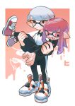  1boy 1girl black_leggings blush border carrying carrying_person closed_mouth commentary_request full_body highres hiko0v0 inkling inkling_boy inkling_girl leggings long_hair pointy_ears red_background red_eyes red_hair shoes short_hair sneakers splatoon_(series) standing two-tone_background white_background white_border white_footwear white_hair yellow_eyes 