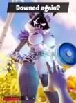 3d_(artwork) :3 abs absurd_res ambiguous_gender anthro athletic bear belt big_breasts breasts chug_jug clothing digital_media_(artwork) duo epic_games female first_person_view fortnite fur genitals handwear hi_res looking_at_viewer looking_down looking_down_at_viewer mammal muscular purple_body purple_clothing purple_eyes purple_fur pussy raven_team_leader reaching reaching_out speech_bubble text thick_thighs watermark wide_hips zushou