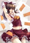  armpits ascot bow brown_hair dafei detached_sleeves hair_bow hair_tubes hakurei_reimu highres long_hair midriff navel ofuda open_mouth red_eyes sarashi skirt solo touhou 