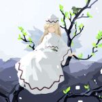  1girl bird blonde_hair closed_eyes closed_mouth commentary_request facial_hair flat_chest hat highres in_tree kaigen_1025 lily_white long_hair long_skirt long_sleeves outdoors shirt sitting sitting_in_tree skirt skirt_set smile solo touhou tree white_headwear white_shirt white_skirt 