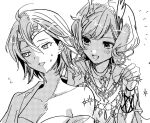  2girls character_request citrinne_(fire_emblem) earrings fire_emblem fire_emblem_engage greyscale hoop_earrings illust_mi jewelry leather_wrist_straps looking_at_another mismatched_earrings monochrome multiple_girls open_mouth wing_hair_ornament 