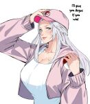 1girl aqua_eyes baseball_cap blue_eyes blush breasts cleavage collarbone cropped_hoodie english_text final_fantasy final_fantasy_xiv forehead grey_hair hand_on_headwear hat hood hoodie jamjamstyle large_breasts long_hair long_sleeves looking_at_viewer nose open_clothes open_hoodie pink_headwear pink_hoodie poke_ball pokemon simple_background smile solo upper_body venat_(ff14) white_background 