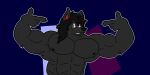 abs alexzandr_sokolov anthro biceps black_body black_fur black_hair black_nose canid canine canis finger_gun fur gesture hair long_hair male mammal markings muscular nipples pecs pointing pointing_at_self red_ears red_eyes red_markings smile solfloof solo wolf