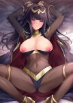  1girl armpits arms_up bed_sheet black_cape black_hair blue_panties blunt_bangs blush bodystocking bracelet breasts bridal_gauntlets cameltoe cape circlet cleavage commentary_request covered_navel fire_emblem fire_emblem_awakening gold_trim high_heels jewelry kirishima_satoshi large_breasts long_hair looking_at_viewer lying neck_ring nipple_slip nipples on_back paid_reward_available panties parted_lips partially_visible_vulva purple_eyes red_cape shadow sidelocks solo spread_legs tharja_(fire_emblem) thighlet two-sided_cape two-sided_fabric two-tone_cape two_side_up underwear 