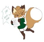 anthro averi_(fiddleafox) brown_body brown_fur canid canine clothing dipstick_tail english_text eyes_closed female female_anthro fiddleafox fox fur gloves_(marking) green_clothing hair holding_object leg_markings mammal markings simple_background smile socks_(marking) solo standing tail tail_markings text white_body white_fur