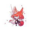  1girl animal_ears arknights arm_up armor black_skirt chibi closed_eyes ear_covers ear_tag earpiece flametail_(arknights) hand_on_own_hip highres holding holding_sword holding_weapon long_hair nazo_no_hana petals ponytail red_hair simple_background single_ear_cover skirt solo squirrel_ears squirrel_girl squirrel_tail sword tail weapon white_background 