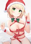  1girl black_choker blonde_hair blush breasts choker cleavage fur-trimmed_headwear fur_trim green_eyes hat highres hololive large_breasts looking_at_viewer momosuzu_nene nail_polish navel orange_nails red_headwear red_ribbon ribbon santa_hat short_hair smile solo taachika two_side_up virtual_youtuber white_background 