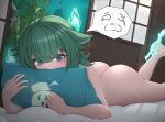  1girl @_@ absurdres ahoge animal_ears ass azmax bed blue_fire blush completely_nude covered_mouth crying energy eyes_visible_through_hair feet_out_of_frame fire fox_ears fox_girl green_fire green_hair grey_eyes highres honkai:_star_rail honkai_(series) hugging_object huohuo_(honkai:_star_rail) indoors leg_up legs lying magic nude on_bed on_stomach pillow pillow_hug shouji sliding_doors solo spoken_expression tail_(honkai:_star_rail) tears thighs trembling 