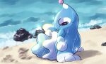 ambiguous_gender beach blue_body brionne detailed_background feral generation_7_pokemon nettsuu nintendo pink_body pokemon pokemon_(species) seaside smile solo wet white_body