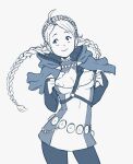  1girl ahoge belt braid bridal_gauntlets capelet fire_emblem fire_emblem_fates hairband harness hood hooded_capelet keyring long_hair looking_to_the_side low_twin_braids low_twintails monochrome nina_(fire_emblem) nipple_slip nipples o-ring o-ring_harness parted_bangs solo suoiresnu turtleneck twin_braids twintails 