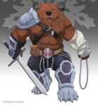 abs absurd_res anthro bandage bear hi_res lustful_desires male mammal melee_weapon muscular muscular_anthro muscular_male narram nipples pecs scar solo sword weapon