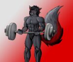 abs alexzandr_sokolov anthro barbell biceps black_body black_fur black_hair black_nose broad_shoulders canid canine canis exercise fur hair male mammal markings muscular pecs red_ears red_eyes red_markings solo tail wasabitoast weightlifting wolf workout