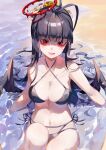  absurdres antenna_hair bikini black_bikini black_hair black_wings blue_archive breasts collarbone criss-cross_halter halo halterneck highres hiro_(yoshi_chan) long_hair low_wings medium_breasts melting_halo navel ocean official_alternate_costume open_mouth outdoors red_eyes red_halo sharp_teeth side-tie_bikini_bottom sitting smile swimsuit teeth tsurugi_(blue_archive) tsurugi_(swimsuit)_(blue_archive) wet_face wings 