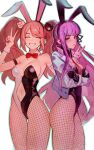  2girls ^_^ animal_ears bare_shoulders black_gloves black_leotard blonde_hair blunt_bangs blush bow bow_choker breasts cleavage closed_eyes closed_mouth crossed_arms danganronpa:_trigger_happy_havoc danganronpa_(series) dethmaid double_v enoshima_junko fake_animal_ears fishnet_pantyhose fishnets gloves highres jacket kirigiri_kyoko leotard long_hair looking_at_viewer medium_breasts multiple_girls necktie open_clothes open_jacket pantyhose playboy_bunny purple_eyes rabbit_ears red_bow red_necktie ribbon smile twintails two-tone_leotard v very_long_hair white_background white_jacket white_leotard 