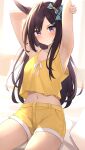  1girl absurdres armpits arms_up black_hair blurry blurry_background blush breasts closed_mouth commentary_request commission hair_ornament highres looking_at_viewer medium_breasts mejiro_dober_(umamusume) navel pixiv_commission purple_eyes shorts solo umamusume waking_up zeatto 