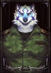  1boy absurdres animal_ears bara black_background black_shirt commentary_request furry furry_male highres jacket live_a_hero looking_at_viewer male_focus military_jacket military_uniform omochi_kuitai portrait sadayoshi_(live_a_hero) shirt uniform upper_body wolf_boy wolf_ears 