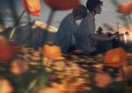  2boys absurdres blurry blurry_foreground crying flower helmet highres macaronk male_focus motorcycle_helmet mountain multiple_boys on_motorcycle original outdoors profile shirt short_hair white_shirt 