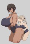  2girls age_difference black_hair blonde_hair blue_eyes breasts brown_hair bulge competition_school_swimsuit dark-skinned_female dark_skin erection erection_under_clothes hands_on_another&#039;s_thighs height_difference highres humping implied_futanari kei_(m_k) large_breasts long_hair m_k multiple_girls onee-loli original red_eyes rika_(m_k) school_swimsuit short_hair simple_background size_difference standing sweat swimsuit tall tall_female tan tomboy twintails wife_and_wife yuri 