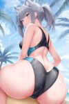  1girl absurdres animal_ear_fluff animal_ears ass bare_arms bare_legs bare_shoulders black_one-piece_swimsuit blue_archive blue_eyes blush breasts cameltoe closed_mouth competition_swimsuit cross_hair_ornament day extra_ears grey_hair hair_ornament highres looking_at_viewer looking_back medium_breasts one-piece_swimsuit outdoors palm_leaf ponytail roina_(effj7473) shiroko_(blue_archive) shiroko_(swimsuit)_(blue_archive) solo swimsuit wet wolf_ears 